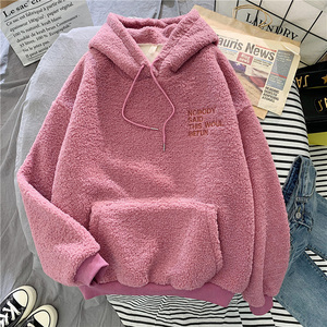 Automne hiver XXL femmes pull nouveau épais chaud velours cachemire solide bleu à manches longues sweat à capuche ample décontracté hauts rose - Product Image 1
