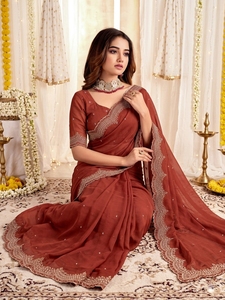 Elegant <b>Red</b> Georgette <b>Saree</b> Embroidered Border Sun Protection Wedding Occasion Women Traditional Floor-Length India Pakistan - Product Image 6