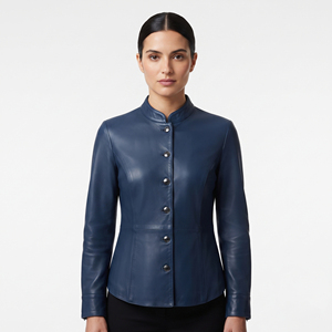 <b>Women</b> Genuine Leather Button Down <b>Shirt</b> Stand Collar <b>Long</b> Sleeve Vintage Casual Office Print Embroidery Summer Winter - Product Image 5