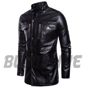 Men's Black PU <b>Leather</b> <b>Jacket</b> Stand Collar Slim Fit Moto Biker Style Zipper Closure <b>Long</b> Length Autumn Wear - Product Image 2