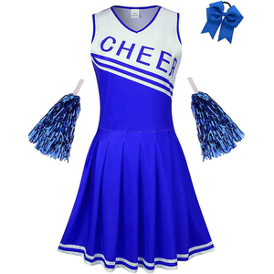 Robe de cheerleading bleue avec pompons et nœud pour cheveux, pour les spectacles des équipes de cheerleading, uniformes féminins avec design de logo personnalisé. - Product Image 1