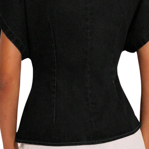 Womens <b>Black</b> Denim Washed 100% Cotton <b>Wrap</b> Style Short Sleeve V Neck Casual Blouse Elegant Office Summer Fashion Daily Wear Top - Product Image 4