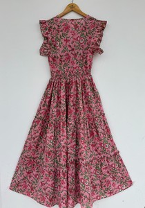Women's Pink Floral Cotton Maxi <b>Dress</b> Ruffle Short Sleeve Boho Summer Wear Shirred Waist Elegant Party <b>Dress</b> - Product Image 5
