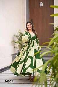 Robe Anarkali imprimée verte pour femme, longueur ras du sol, style traditionnel indien et pakistanais, en coton, décontractée, coupe ample - Product Image 5