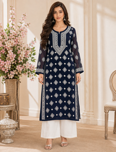 Best Selling Navy Blue Georgette <b>Chikankari</b> Embroidered Straight Kurti for Women Traditional Lucknowi Ethnic Wear Wholesale - Product Image 1