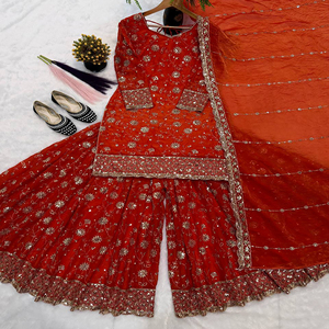 Readymade Traditional Ethnic Orange Silk <b>Top</b>-Sharara Dupatta Set Embroidery <b>Sequins</b> Work Fully Stitched Diwali <b>Party</b> Wear - Product Image 1