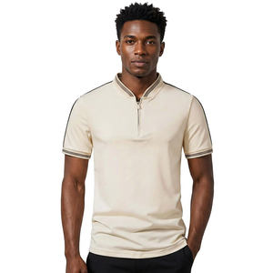 Polo à manches courtes pour homme, fermeture éclair, couleur unie, tricoté, style décontracté, beige - Product Image 2
