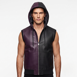 Hoodie sans manches en cuir pour homme, fermeture éclair, poches latérales, gilet à capuche en cuir, 100% cuir, hoodie sans manches pour garçons - Product Image 1