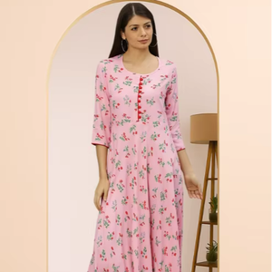 Robe Anarkali en rayonne à imprimé floral rose, style évasé, ethnique, traditionnelle, décontractée, pour l'été, séchage rapide, protection solaire, vêtements pour femmes - Product Image 1