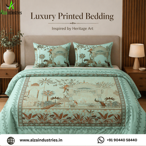 Ensemble de draps en coton vert marine pour lit king size avec taies d'oreiller | Couvre-lit imprimé Peacock Garden Arch Panel, literie douce et de qualité supérieure - Product Image 2