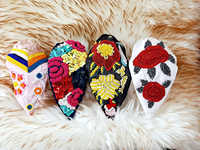 Ensemble de bandeaux et chouchous unisexes faits main, brodés, perlés, en tissu écologique, légers, durables, motif floral jaune multicolore, 6 cm