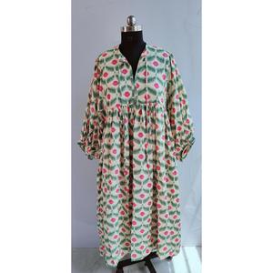 Bohemian Floral Block Print Cotton Midi <b>Dress</b> With Puff Sleeve <b>Loose</b> Fit Tie Neck Summer <b>Dress</b> For Women - Product Image 1