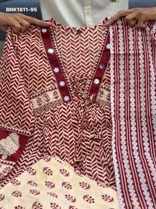 Best Fabric Pure Cotton with Ajrakh Print & Handwork Neck Anarkali <b>Kurti</b>-Pant-Dupatta Set At Wholesale Rate Indian Supplier - Product Image 3