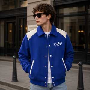 Veste universitaire personnalisée pour homme, bleu et blanc, brodée, boutonnée sur le devant, coupe classique, col rabattu, idéale pour l'hiver - Product Image 1