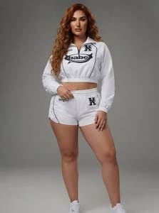 White Cropped <b>Blazer</b> Matching Shorts Plus Size High Waist Elastic Closure Contrast Stitch Letter Print Waterproof Windbreaker - Product Image 5