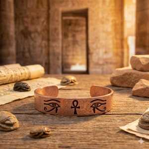 Brazalete de cobre martillado a mano con el símbolo del Ankh y el Ojo de Horus, talismán egipcio antiguo. - Product Image 3