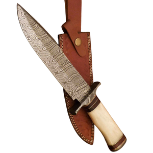 Custom Handmade Damascus <b>Steel</b> Bowie Knives with Beige Bone Handle Brown Leather Sheath Fixed Blade <b>Outdoor</b> Hunting - Product Image 5