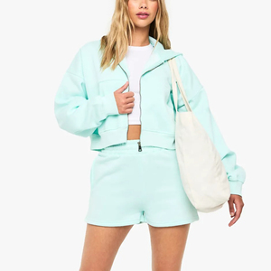 Conjunto de Sudadera con Capucha para Mujer de Algodón Suave de Alta Calidad Personalizado, con Logotipo de Encaje Estampado en Relieve, Cremallera Corta, Ecológico, 2 Piezas - Product Image 2
