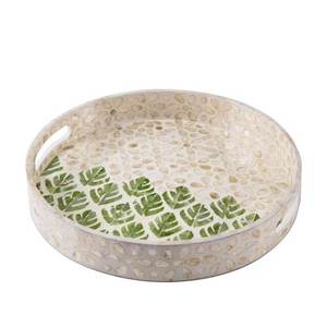 Bandeja de nácar OEM con incrustaciones de concha de hoja tropical única, bandeja redonda para servir, ideal para hoteles, cafeterías y restaurantes. - Product Image 1