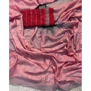 DESIGNER CHINON SOIE BRODERIE SEQUENCE TRAVAIL SAREE AVEC CHEMISIER NON COUDU ROSE - Product Image 1
