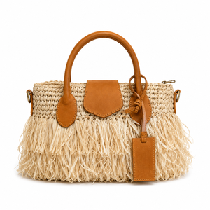 Sac fourre-tout en paille bohème TAS ROXEL SISAL avec franges et poignées en cuir pour femme, style vacances plage - Product Image 1