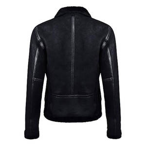 เสื้อแจ็คเก็ตหนังแกะบุขนแกะสีดำสำหรับผู้ชาย แจ็คเก็ตมอเตอร์ไซค์หนังแกะแท้บุขนสัตว์ อุ่นสบายสำหรับฤดูหนาว สไตล์คลาสสิก - Product Image 4