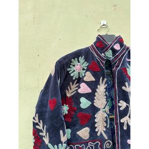 Chaqueta Bomber de Terciopelo Bordada a Mano, Corta, Ecológica, con Estampado Floral, Cuello Mao, Manga Larga, para Otoño, Invierno y Primavera, de Algodón - Product Image 2