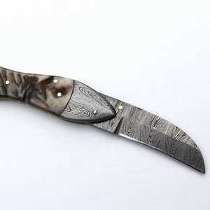 Couteau utilitaire pliant artisanal en acier Damas, à lame droite en forme de poisson, avec manche incrusté d'os, pour DIY et OEM - Product Image 2