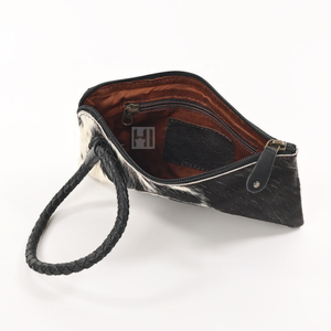 Vintage Cowhide Hair-On Leather Clutch <b>Bag</b> | Handmade Knitted Handle Zipper Purse | Western Summer Fashion Handbag - Product Image 4