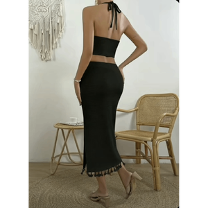 Ensemble haut court en tricot style bohème avec franges et jupe longue fendue sur le côté - Product Image 2