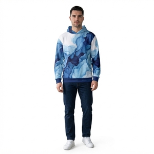 Sudadera con Capucha Azul y Blanca para Hombre con Estampado Abstracto de Acuarela, Bolsillo Tipo Canguro, Sudadera Personalizada de Estilo Urbano - Product Image 1