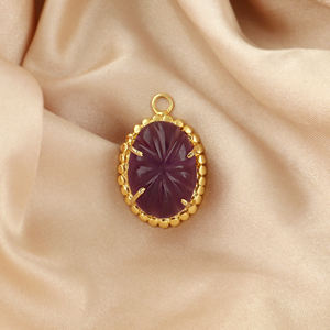 Pendentifs ovales sculptés en améthyste en gros, connecteurs en pierres précieuses naturelles, laiton plaqué or 18 carats, attache simple, mois de naissance de février - Product Image 3