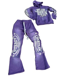 Fabricante personalizado lavado con ácido de dos piezas conjuntos de los hombres de la cremallera pantalones de chándal holgados Sun Faded Rhinestone Sudadera con capucha desgastada de talla grande - Product Image 2