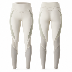 Leggings de yoga taille haute pleine longueur, couleur unie, panneau côtelé, surpiqûres contrastées, extensibles dans les quatre sens, en Spandex et Nylon, conception sans couture - Product Image 1