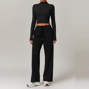 Completo da donna nero a 2 pezzi con pantaloncini, top corto senza maniche senza colletto, vestibilità skinny, tinta unita, traspirante, in spandex a <span class=keywords><strong>costine</strong></span>, primavera/estate - Product Image 1