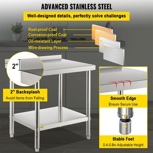 Tavolo di preparazione in acciaio inox per la fabbricazione di cucina commerciale 30X24X35 pollici 440 libbre capacità di carico in metallo resistente cucina - Product Image 5