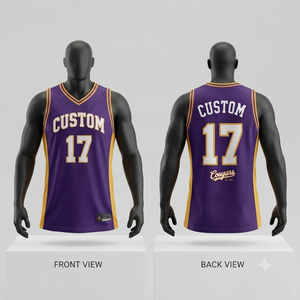Custom Purple Basketball Jersey Men's V-Neck Sleeveless Sublimated Print Breathable Team Cougars 17 Front Back View - Product Image 1