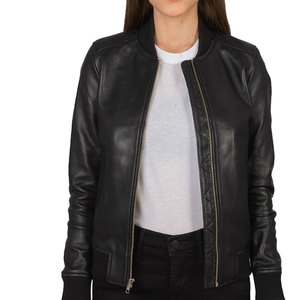 Chaqueta Bomber de Cuero Genuino Negro para Mujer, Manga Larga, Cuello Alto, Cierre de Cremallera, Chaqueta de Cuero Real para Otoño - Product Image 1