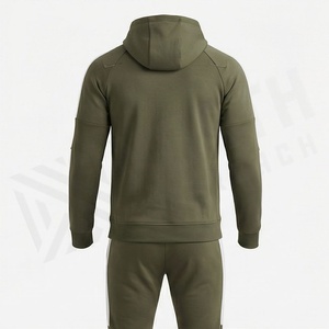 Survêtement à capuche vert olive pour homme, sweat-shirt sportif à fermeture éclair intégrale avec poches latérales, matière respirante en polyester et élasthanne, automne - Product Image 2
