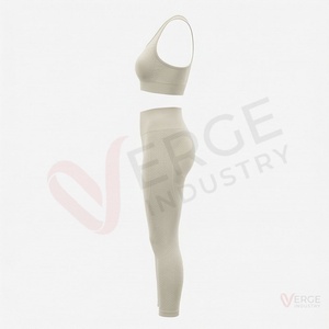 Conjunto de yoga sin costuras para mujer, 2 piezas, top corto tipo racerback, leggings de cintura alta y largo completo, color liso - Product Image 3