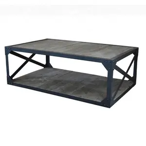 HL408 legno massello nero rettangolare industriale ferro battuto struttura centro in legno tavolo da tè con deposito per il soggiorno
