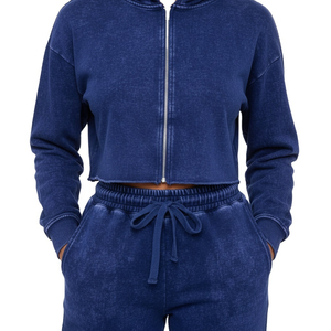 เสื้อฮู้ดครอปแขนยาวซิปหน้าผ้าฟอกสีคุณภาพสูงสำหรับฤดูหนาว กางเกงขายาวรูดเชือก สไตล์สตรีทลำลองสำหรับผู้หญิง โลโก้สั่งทำได้ ผลิตจากผ้าฝ้าย 100% - Product Image 4