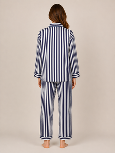 Comfortable Navy <b>Blue</b> Striped Two Piece Set Turndown Collar Long Sleeves Button Shirt Elastic Waist Trouser Casual Pajama Suit - Product Image 4