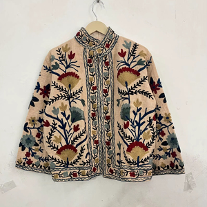 Bohemian Suzani Embroidery Jacket Women Handcrafted Beige Cotton Floral Coat Ethnic Wear Vintage Tribal Design Stand Collar - Product Image 1