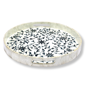 Bandeja de incrustaciones de Capiz de MDF redonda de primera calidad, bandeja de servicio decorativa elegante hecha a mano con patrón Floral negro para mesa de centro de cocina - Product Image 1