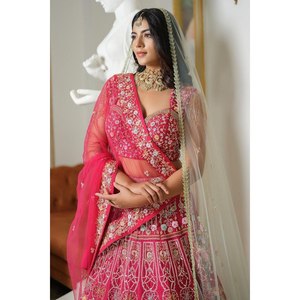 Lehenga choli ชุดปาร์ตี้สำหรับงานแต่งงานและโอกาสพิเศษงานดีไซน์เนอร์ทำจากด้ายหลากสี2XL สีชมพู - Product Image 6