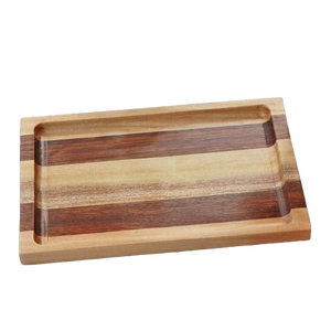 Plateau décoratif rectangulaire en bois avec incrustation en fibres végétales tissées, design rustique pour la table à manger - Product Image 3