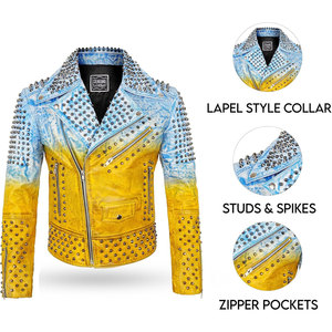 Blue & Gold Studded Leather <b>Jacket</b> <b>Gothic</b> Premium <b>Jacket</b> with Spikes Mens Spiked Rock Punk OEM ODM - Product Image 3