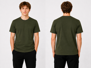 เสื้อยืดคอกลมแขนสั้นผู้ชายสีเขียวมะกอก ทรงปกติ สไตล์ลำลอง สตรีทแวร์ ผ้าฝ้ายเจอร์ซีย์ 100%  แบบเรียบง่าย เป็นมิตรกับสิ่งแวดล้อม - Product Image 4