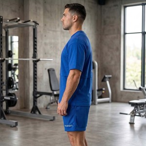 Ensemble short et t-shirt en maille pour homme, bleu roi, épaules tombantes, survêtement 2 pièces, tenue de sport respirante, coupe oversize unie - Product Image 3